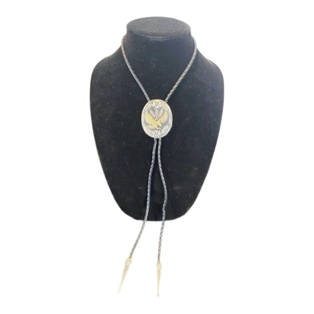 VTG S.S.I. Handmade USA Bolo Tie Gold Flying Eagle Silver/Black Diamond Cut